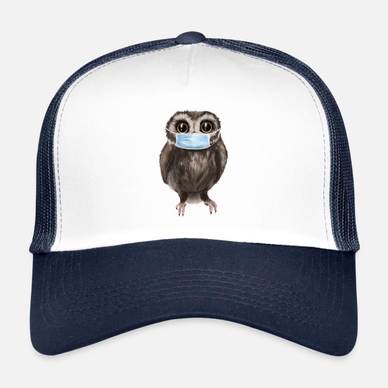 Eule mit Mund-Nasen Schutz - Trucker Cap - Weiß/Navy