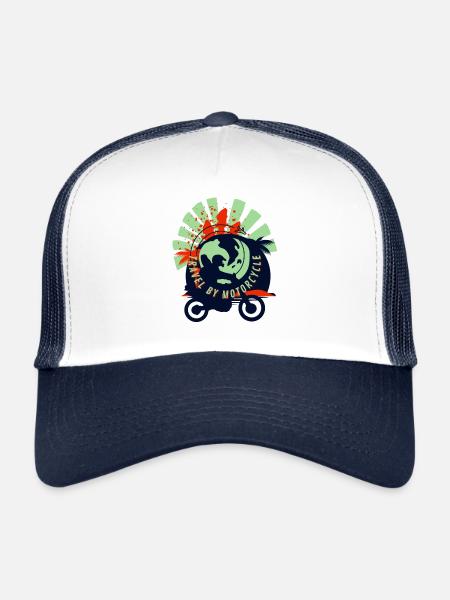 Design "TRAVEL BY MOTORCYCLE" - Casquette trucker  - blanc/marine - Devant