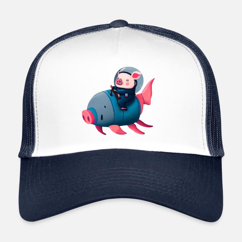 Schwein Astronaut auf Schweine Rakete - Trucker Cap - Weiß/Navy