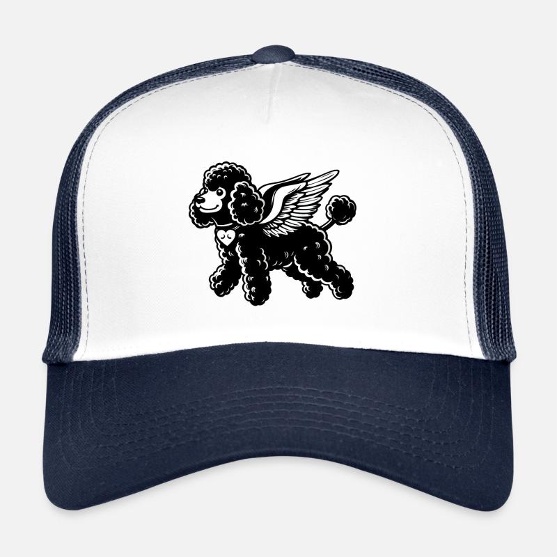 Caniche noir et blanc avec collier et Casquette trucker 