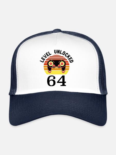 Niveau 64 débloqué 64 Anniversaire 64 ans - Casquette trucker  - blanc/marine - Devant