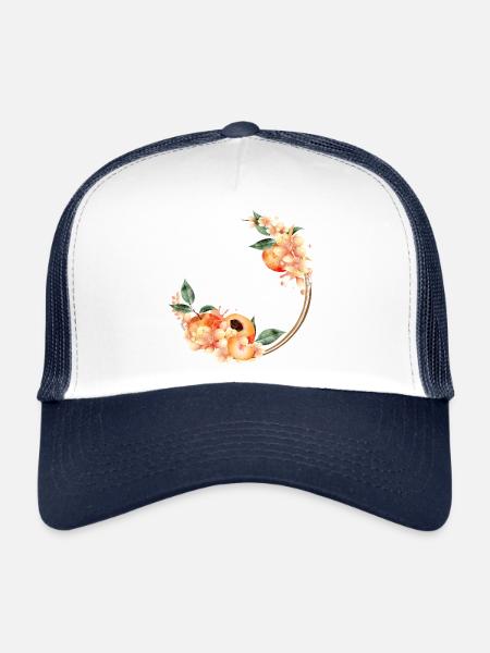 Peach half, peaches, peach blossoms in wreath - Trucker Cap - white/navy - Front