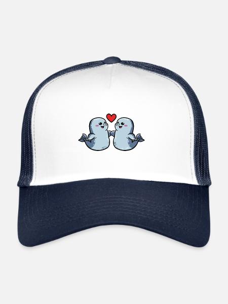 Phoque Couple Coeur - Casquette trucker  - blanc/marine - Devant