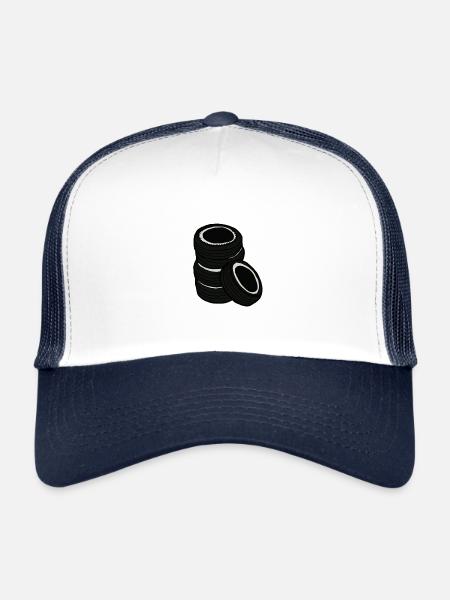 Alte Autoreifen, Comicstyle, Geschenkidee Männer - Trucker Cap - Weiß/Navy - Vorne