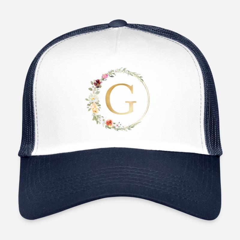 Personalisierbar Monogramm G Floral - Trucker Cap - Weiß/Navy