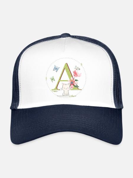 Lettre initiale A avec chat - Casquette trucker  - blanc/marine - Devant