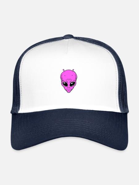 Alien pourpre tête alien avec antenne a contact visuel - Casquette trucker  - blanc/marine - Devant