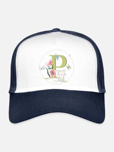 Lettre initiale P avec chat - Casquette trucker  - blanc/marine - Devant
