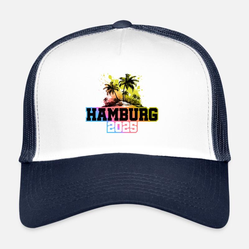 Hamburg 2025 Palmen Bunt - Trucker Cap - Weiß/Navy