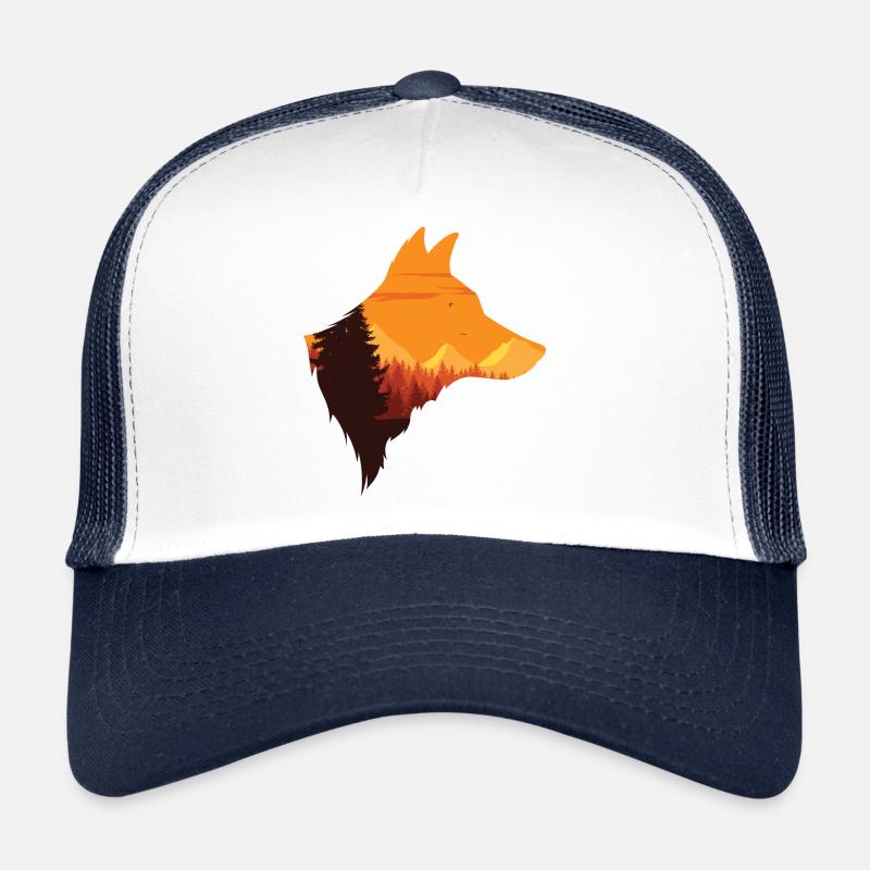 Wolfskopf Silhouette | Rudel Mond Wolf Geschenk - Trucker Cap - Weiß/Navy