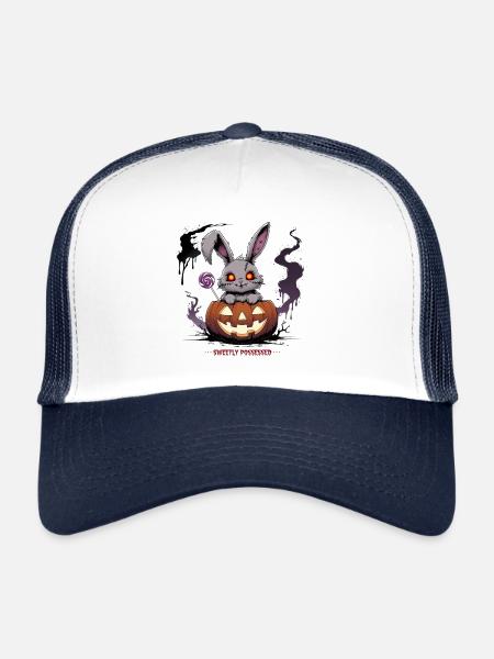 Obsessively sweet – creepy bunny in the pumpkin - Trucker Cap - white/navy - Front