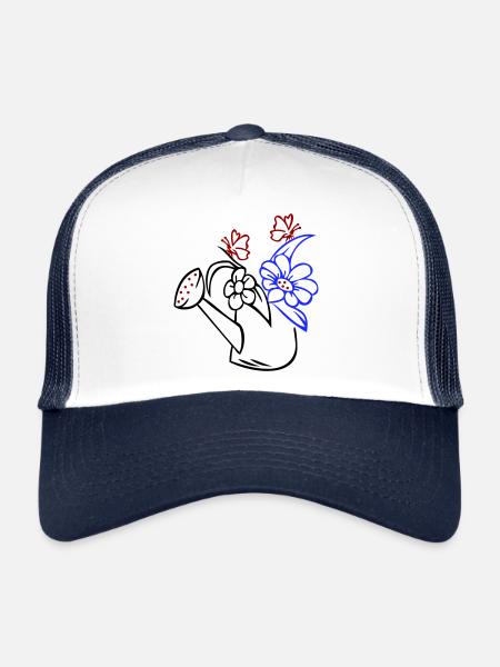 Arrosoir avec des fleurs et des papillons - Casquette trucker  - blanc/marine - Devant
