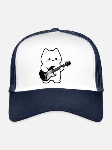 Kawaii Katze mit E-Gitarre - Trucker Cap - Weiß/Navy - Vorne