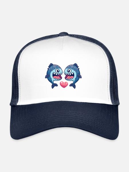 Piranha Couple Amour Poissons Amoureux - Casquette trucker  - blanc/marine - Devant