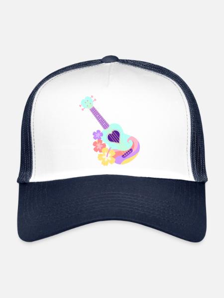 Ukulélé cœur pastel menthe avec fleurs d'Hibiscus - Casquette trucker  - blanc/marine - Devant
