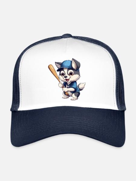 Husky Plays Baseball, Sporty Dog Design - Trucker Cap - white/navy - Front