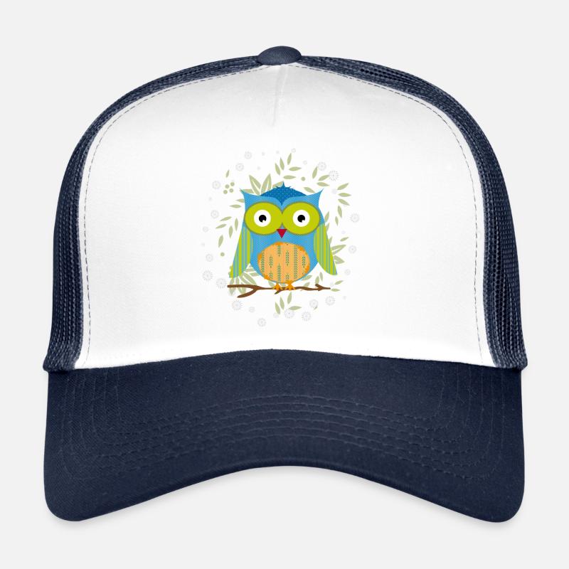 Stylish patchwork owl on a branch in a sea of leaves Trucker Cap