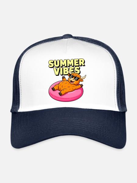 Summer Vibes Highland Cow on Pink Float - Trucker Cap - white/navy - Front