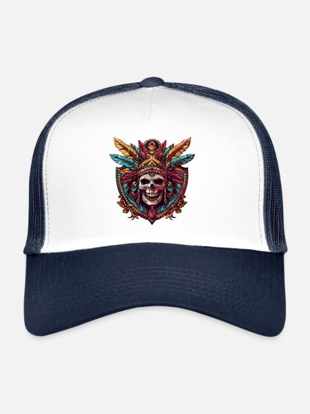 Crâne indien - Casquette trucker  - blanc/marine - Devant