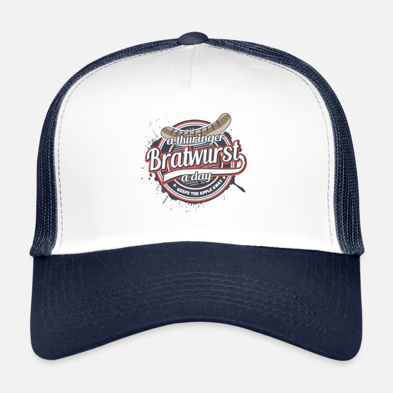 A thüringer Bratwurst a day keeps the apple away Trucker Cap