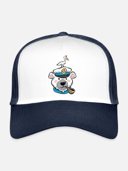 Polar Bear Polar Bear Pipe Seagull Captain Cartoon Comic - Trucker Cap - white/navy - Front