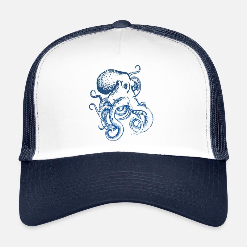 Conception nautique de style de tatouage pieuvre rétro bleu - Casquette trucker - blanc/marine