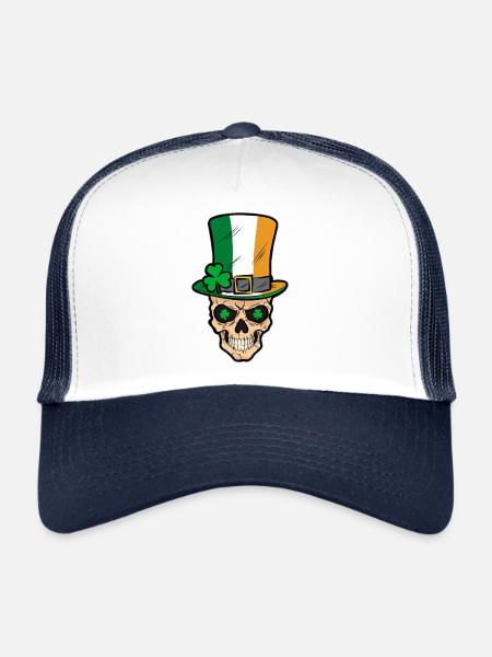 irischer Totenkopf Irland Kleeblatt Comic - Trucker Cap - Weiß/Navy - Vorne