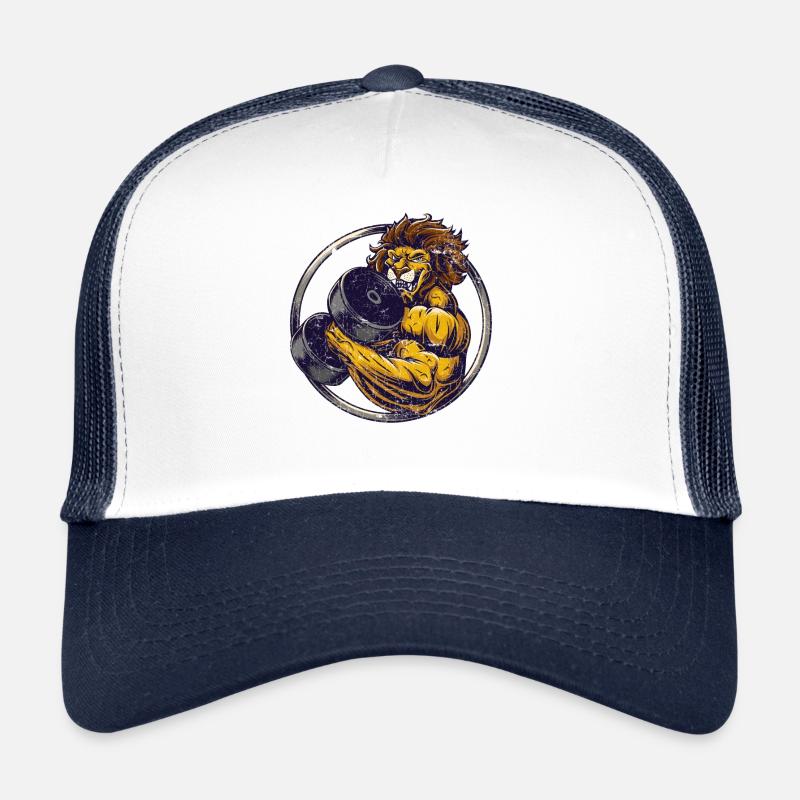Kraftsport muskulöser Bodybuilder Löwe mit Hantel Trucker Cap