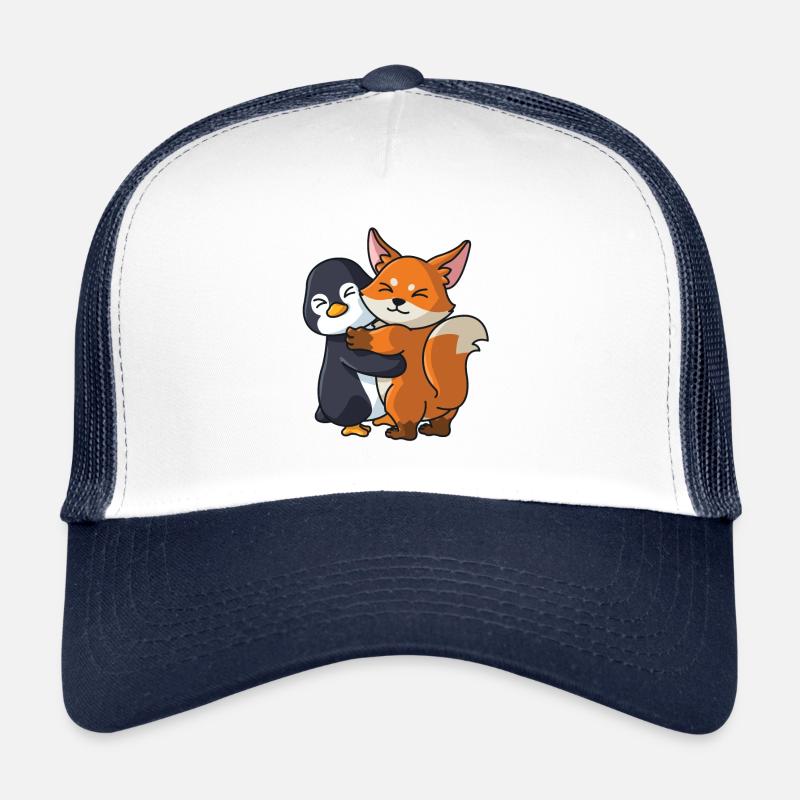 Penguin fox love cute animals hug Trucker Cap