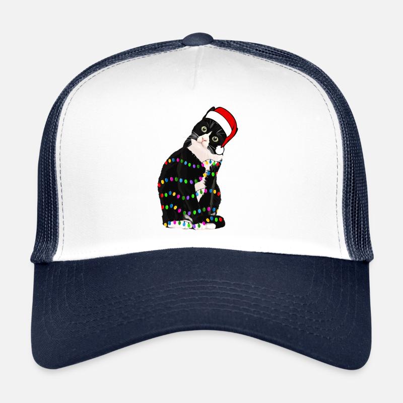 Santa Black Cat Tangled Up In Christmas Tree Light Trucker Cap