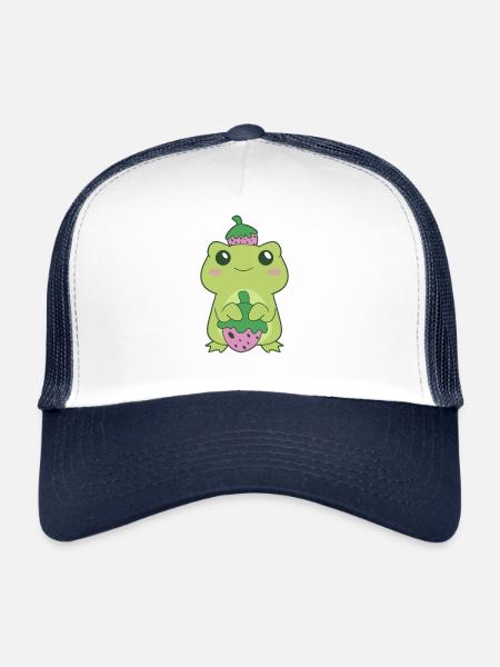 Grenouille verte de fraise de Kawaii sur le chapeau de baie Otaku Ae - Casquette trucker  - blanc/marine - Devant