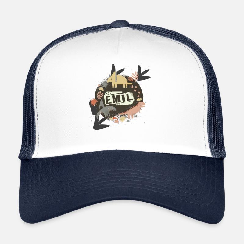 Emil - Schöner Jungen Name mit süßen Dinos - Trucker Cap - Weiß/Navy