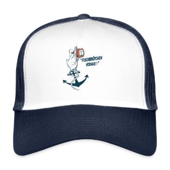 Fischbrötchen Voraus, Lustige Möwe und Delikatesse - Trucker Cap - Weiß/Navy - Vorne