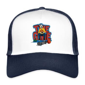 Le patineur joueur avec un sweat à capuche jaune - Casquette trucker  - blanc/marine - Devant
