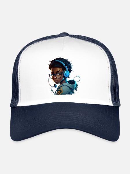 Digital gaming character with headset - Trucker Cap - white/navy - Front
