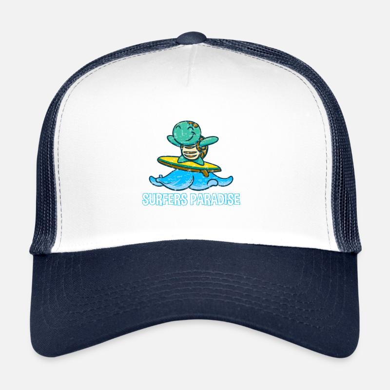 Cute kawaii turtle on surfboard with surfers Trucker Cap