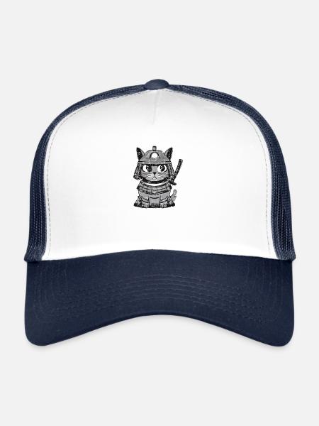 Cat Cat Samurai Japan Katana Sword - Trucker Cap - white/navy - Front