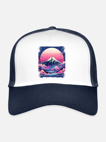 Vaporwave Volcan Esthétique Japon Vue Mont Fuji - Casquette trucker  - blanc/marine - Devant