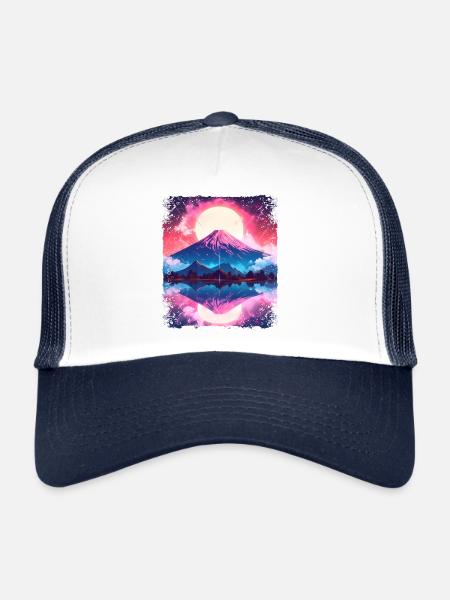Mont Fuji Vaporwave Esthétique Japon Vue Volcan - Casquette trucker  - blanc/marine - Devant