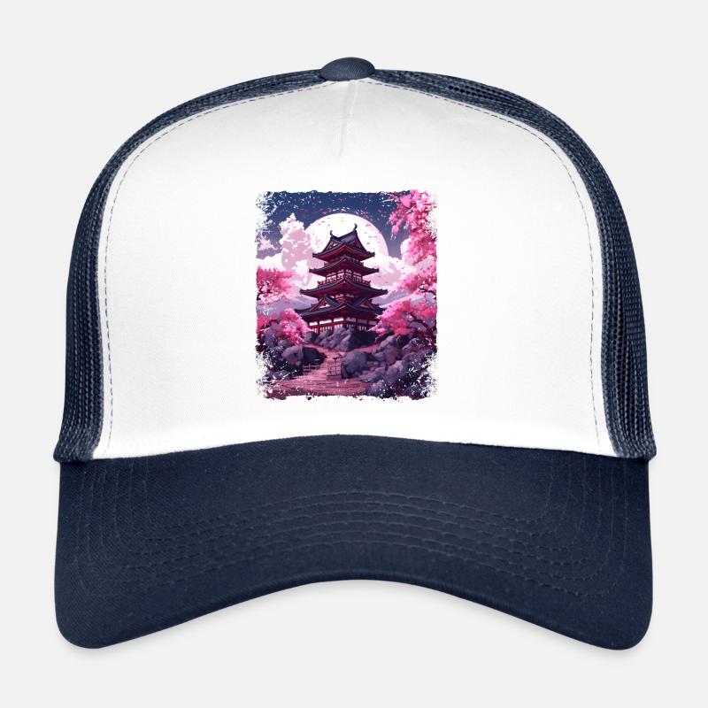 Kirschblüten-Sakura-Baum in einer Tempel-Dampfwelle Trucker Cap