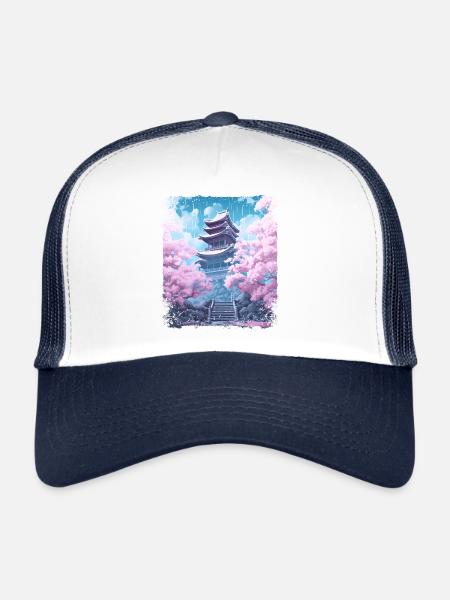 Sakura Tree in a Temple Cherry Blossom Vaporwave - Trucker Cap - white/navy - Front