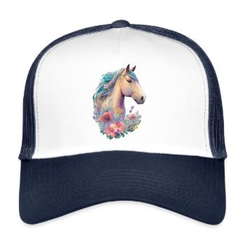 Das Pferd Mädchen Kinder Pferde Blumen Design - Trucker Cap - Weiß/Navy - Vorne