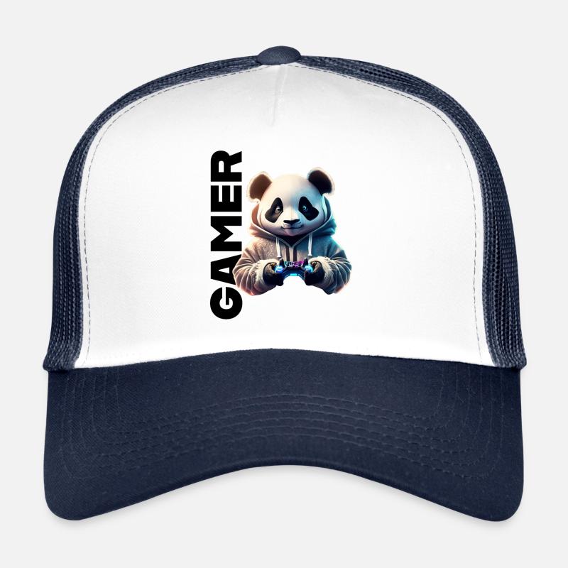 Gamer Schriftzug mit coolem Panda - Trucker Cap - Weiß/Navy