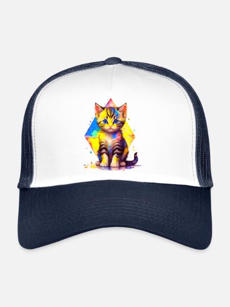 Rainbow Kitty - painted with geometries - Trucker Cap - white/navy - Front