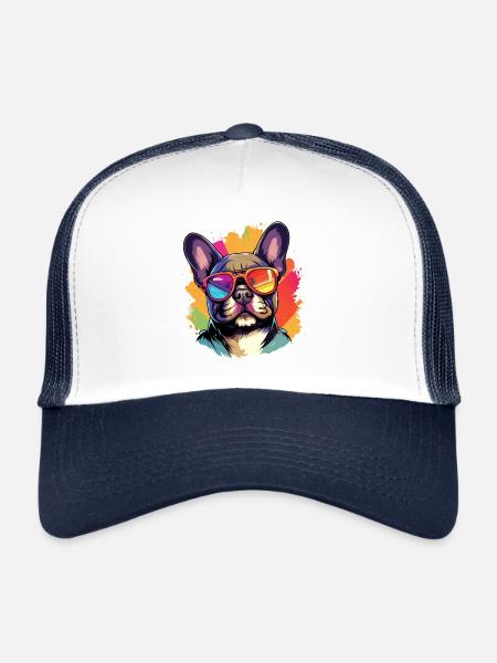 Bouledogue français coloré portant des lunettes de soleil - Casquette trucker  - blanc/marine - Devant
