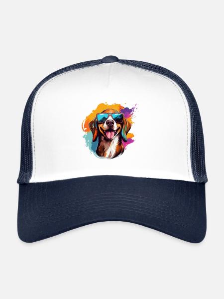 Beagle coloré portant des lunettes de soleil amoureux des chiens - Casquette trucker  - blanc/marine - Devant