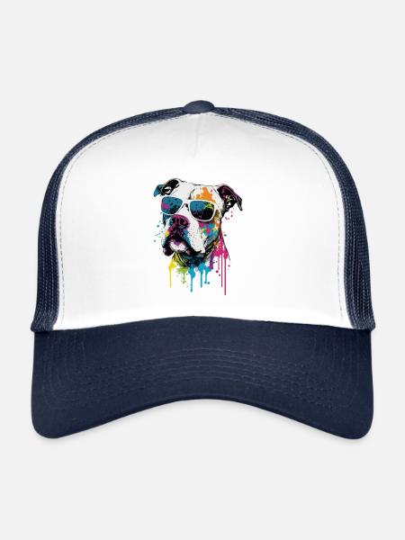 Bouledogue américain coloré portant des lunettes de soleil - Casquette trucker  - blanc/marine - Devant