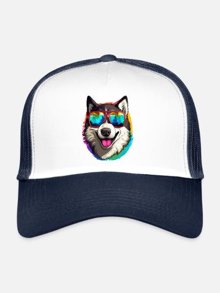 Race de chien husky coloré d’Alaska avec des lunettes de soleil - Casquette trucker  - blanc/marine - Devant