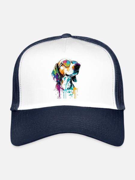 Foxhound américain coloré portant des lunettes de soleil - Casquette trucker  - blanc/marine - Devant