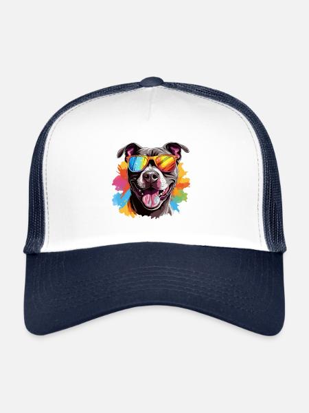 Colorful Pitbull Wearing Sunglasses Dog Lover - Trucker Cap - white/navy - Front